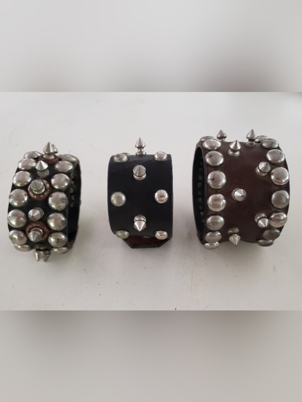 Leather Studded/Spike Wrist Cuffs, Vintage, Set Of 3, Used, As Is